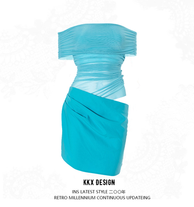 Mesh stitching one-shoulder transparent slim fit hip dress