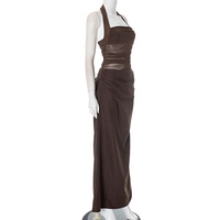 Halter neck mesh see-through backless cross-body gathered long skirt - Thumbnail 5