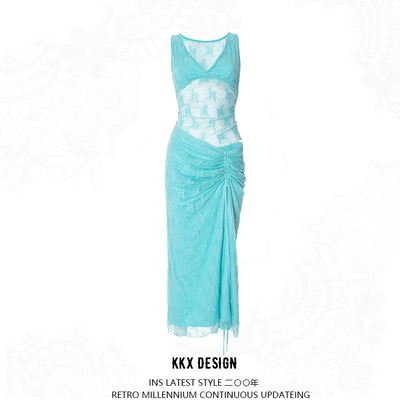 Lace hollow see-through open back gathered drawstring hip suit