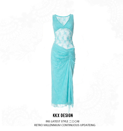 Lace hollow see-through open back gathered drawstring hip suit