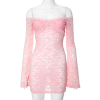 Solid color sexy one shoulder see-through lace dress - Thumbnail 4