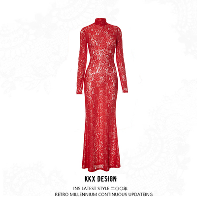 Lace stitching half high collar slim see-through sexy dress