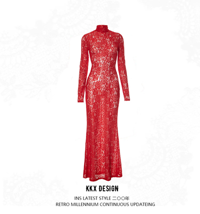 Lace stitching half high collar slim see-through sexy dress