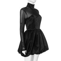 Half-high collar mesh splicing revealing long sleeve waist bud skirt - Thumbnail 3