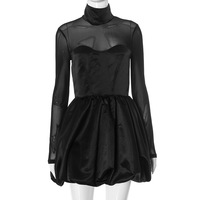 Half-high collar mesh splicing revealing long sleeve waist bud skirt - Thumbnail 4