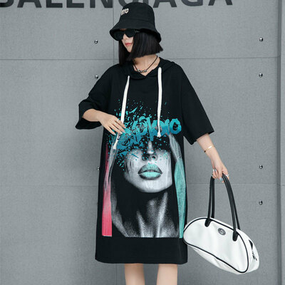 Fashionable women's printed hooded dress short-sleeved T-shirt