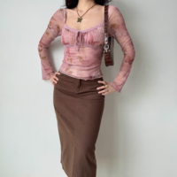 Retro Printed Mesh U-Neck Long Sleeve T-Shirt - Thumbnail 1