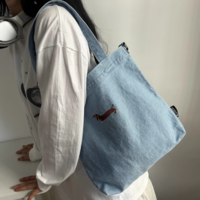 Dachshund embroidered distressed crossbody single shoulder handbag denim canvas bag - Thumbnail 2