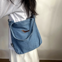 Dachshund embroidered distressed crossbody single shoulder handbag denim canvas bag - Thumbnail 3