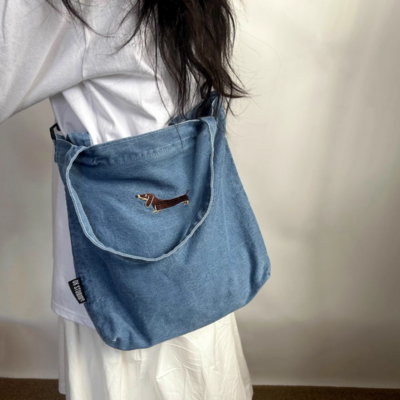 Dachshund embroidered distressed crossbody single shoulder handbag denim canvas bag