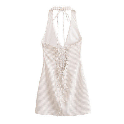 Fashionable gyaru striped halter neck backless dress