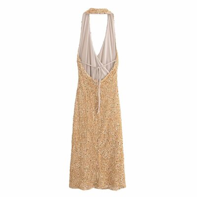 Sequined mid-length sexy halterneck dress