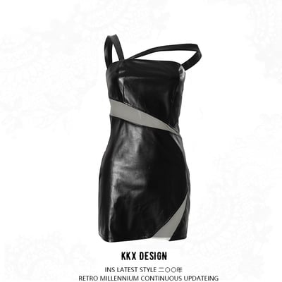 Leather and mesh oblique shoulder strap sexy slim hip dress