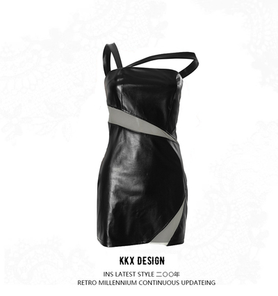 Leather and mesh oblique shoulder strap sexy slim hip dress