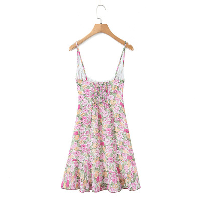 Drawstring bow tie floral print slim fit holiday suspender dress