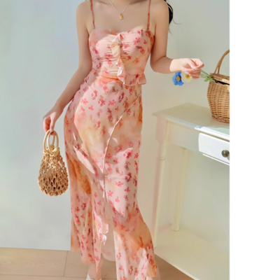 Sexy slim-fitting suspender dress with ruffled edges and personalized design - Thumbnail 1