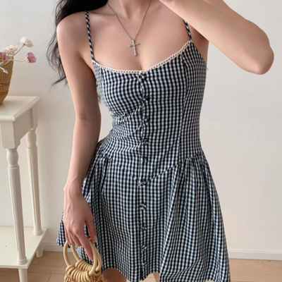 Retro style girl sweet casual plaid button closure suspender dress
