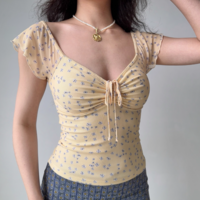 Floral Mesh Short Sleeve T-Shirt Women's Lace-up V-Neck Hot Girl Top - Thumbnail 1