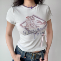 Printed White Round Neck Short Sleeve T-shirt Women's Summer Straight Shoulder Slim Fit Top - Thumbnail 1