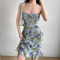 Printed suspender dress slim fit dress ruffled hip skirt - Thumbnail 2