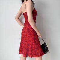 Retro Red Printed Suspender Midi Holiday Dress - Thumbnail 1