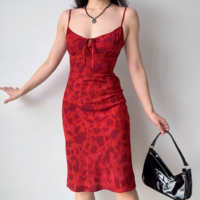 Retro Red Printed Suspender Midi Holiday Dress - Thumbnail 3
