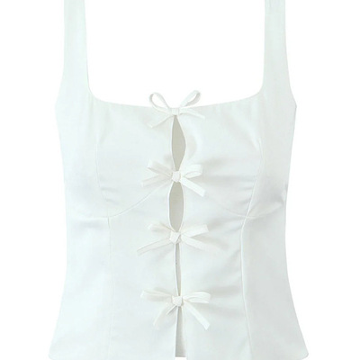 Solid color simple holiday casual backless bow top - Thumbnail 2