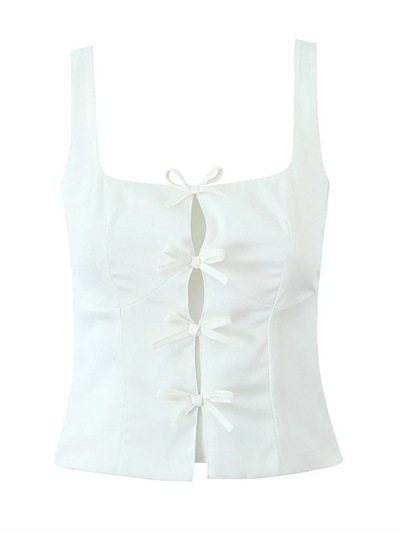 Solid color simple holiday casual backless bow top