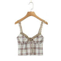Contrast color lace bow decorated lace plaid small camisole - Thumbnail 2