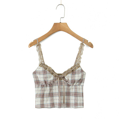 Contrast color lace bow decorated lace plaid small camisole