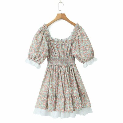 Square neck puff sleeve waist lace casual holiday floral dress
