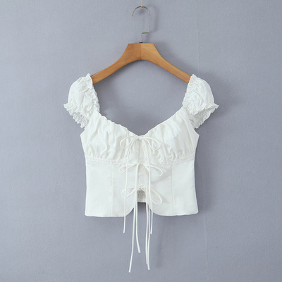 Vintage check lace-up back elasticated slim fit top