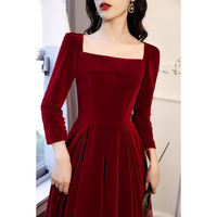 Fashion Burgundy Square Collar Long Sleeve Back Zipper Evening Dress Bride Wedding Prom Gowns  - Thumbnail 2