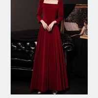 Fashion Burgundy Square Collar Long Sleeve Back Zipper Evening Dress Bride Wedding Prom Gowns  - Thumbnail 4