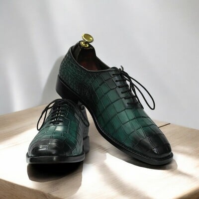 Handmade men's sea green whole cut alligator texture oxford shoes 