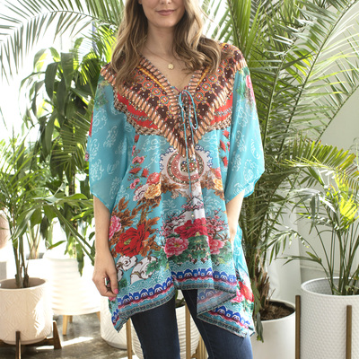 White mark women's short caftan with tie-up neckline - Thumbnail 4
