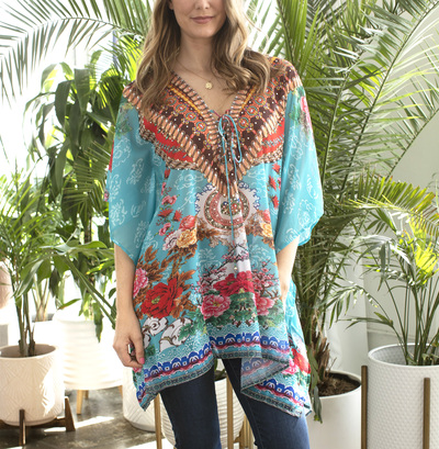 White Mark Women's Short Caftan with Tie-up Neckline