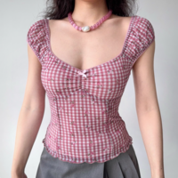 Retro Print Plaid Puff Sleeve T-Shirt - Thumbnail 2