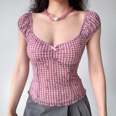 Retro print plaid puff sleeve t-shirt