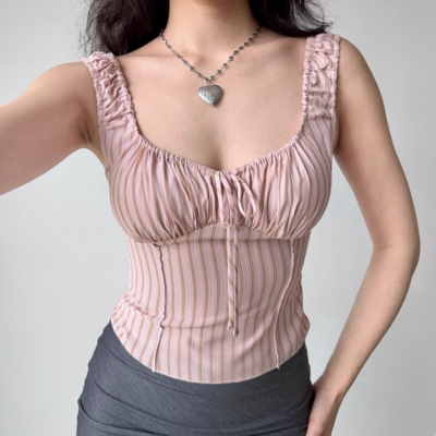 Drawstring striped vest women's slim fit sleeveless top