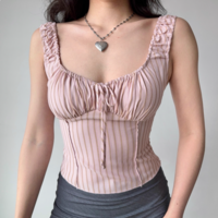 Drawstring Striped Vest Women's Slim Fit Sleeveless Top - Thumbnail 3