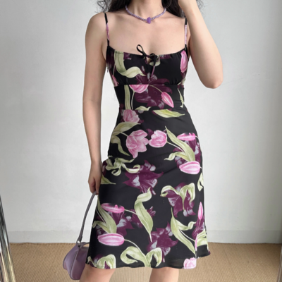 Retro tulip suspender skirt high waist a-line skirt holiday dress