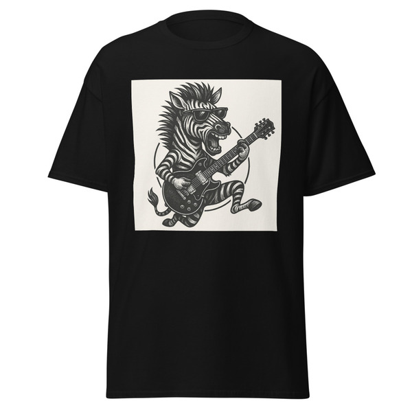 Unisex Funny Zebra Rock Star Guitar T-Shirt | Ultra-Detailed 2D Tattoo Art, Punk Style & Cool Animal Design - Several Colors