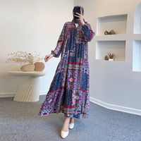 New women's retro long-sleeved printed casual loose big swing skirt - Thumbnail 1