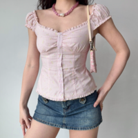 Printed striped puff sleeve top for women with ruffled hem short sleeve shirt - Thumbnail 3