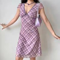 Sexy deep v-neck plaid mesh dress mid-length women's holiday dress - Thumbnail 2