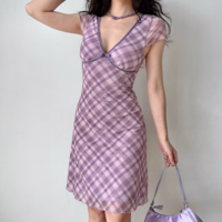 Sexy deep v-neck plaid mesh dress mid-length women's holiday dress - Thumbnail 3