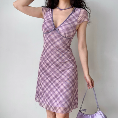 Sexy deep v-neck plaid mesh dress mid-length women's holiday dress