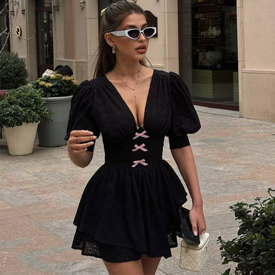 Ladies summer new V-neck bow puff sleeve high waist short dress