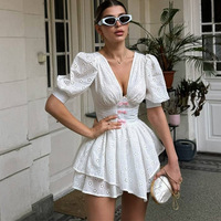 Ladies summer new V-neck bow puff sleeve high waist short dress - Thumbnail 1
